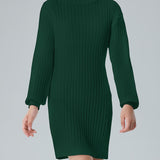 Lantern Long Sleeve Sweater Dress - Body-Hugging Fit Solid Color Elegant High Neckline Girls Knitted Sweater Dress for Everyday Wear with Comfortable Relaxed Fit and Easy Pullover Style