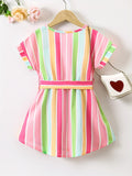 Girls Color Block Vertical Striped Short Sleeve Notch Neck Curved Hem Dress With Belt Kids Summer Clothes