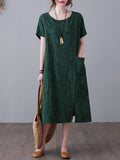 woloong Original Solid Jacquard Short Sleeve Midi Dress