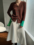 woloong Split-Joint Contrast Color Buttoned Long Sleeves Flared Sleeves V-Neck Cardigan Tops