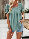 woloong Solid Color Pleated Hollow Short Sleeves Loose Square-Neck T-Shirts Tops