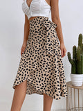 woloong Tied Waist Split-Front Printed Loose High-Low Skirts Bottoms