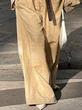 woloong Buttoned Long Sleeves Collarless Outerwear Top + Wide Leg Belted Jumpsuits Two Pieces Set