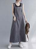 woloong Casual Solid Color With Pocket Suspender Dress