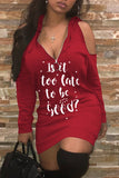 woloong - Red Fashion Casual Letter Print Hollowed Out Hooded Collar Long Sleeve Dresses