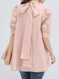 woloong Solid Color Pleated Bowknot Loose Half Sleeves Mock Neck Blouses&Shirts Tops