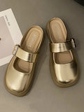 woloong Split-Joint Shallow Cut Round-Toe Belt Buckle Slippers&Mules Platform Shoes
