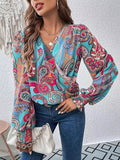 woloong Printed Elasticity Loose Long Sleeves V-neck Blouses&shirts Tops