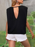 woloong Solid Color Shoulder Pad Hollow Sleeveless Loose Round-Neck T-Shirts Tops