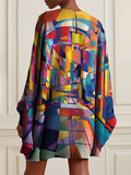 woloong Batwing Sleeves Long Sleeves Buttoned Hollow Printed Round-Neck Mini Dresses