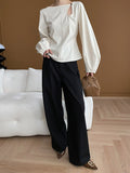 woloong Solid Color Belly-Hollow Asymmetric Puff Sleeves Loose Round-Neck Blouses&Shirts Tops