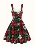 Stylish Christmas Snowflake Print Cami Dress, Backless Sleeveless Pleated Casual Women's Clothing with Festive Flair