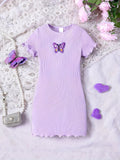 Girls' Ribbed Knit Solid Color Round Neck Dress with Butterfly Applique, Casual Style, Purple - Kids' Fashion Clothing