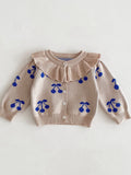 Adorable Cherry Pattern Ruffle Decor Knitted Cardigan - Soft Cotton, Casual Button Down, Toddler & Infant Girl's Fall Winter Sweater - Perfect for Daily Wear, Photoshoots, and Special Occasions