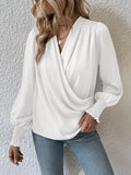 woloong Solid Color Elasticity Loose Long Sleeves V-Neck Blouses&Shirts Tops