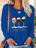 Women's Festive Christmas Wine Glass & Letter Print Long Sleeve T-Shirt - Casual Crew Neck, Polyester, Machine Washable