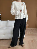 woloong Solid Color Belly-Hollow Asymmetric Puff Sleeves Loose Round-Neck Blouses&Shirts Tops