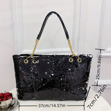 Oversized Sparkling Sequin Tote Bag - Fashion Metal Chain Shoulder Strap - Durable & Versatile for Work, Commuting - Everyday Glamour for Professionals