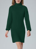 Lantern Long Sleeve Sweater Dress - Body-Hugging Fit Solid Color Elegant High Neckline Girls Knitted Sweater Dress for Everyday Wear with Comfortable Relaxed Fit and Easy Pullover Style