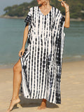 woloong Sun Protection Split-Side Printed Short Sleeves Loose V-Neck Maxi Dresses