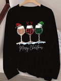 Women's Festive Christmas Wine Glass & Letter Print Long Sleeve T-Shirt - Casual Crew Neck, Polyester, Machine Washable
