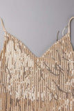 woloong - Apricot Sexy Solid Tassel Sequins Patchwork Spaghetti Strap Sling Dress Dresses