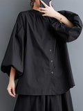woloong Solid Color Pleated Hollow Buttoned Puff Sleeves Nine-Minute Sleeve Round-Neck Blouses&Shirts Tops