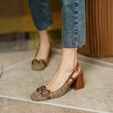 woloong  New Retro Style Female Summer Fashion Low-heeled Square Head Leather Hollow Fine Heel Baotou Metal Decoration Woman Sandals