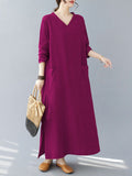 woloong Split-Side Solid Color Pockets Loose Long Sleeves V-Neck Maxi Dresses