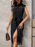 woloong Tied Waist Split-Joint Solid Color See-Through Sleeveless Loose Lapel Shirt Dress Midi Dresses