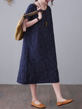 woloong Original Solid Jacquard Short Sleeve Midi Dress