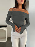 woloong Solid Color Skinny Long Sleeves Off-The-Shoulder T-Shirts
