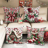 4-Pack 18x18 Inches Machine Washable Velvet Christmas Throw Pillow Covers - Festive Snowman, Candy Cane, Holiday Gift Designs with Plaid Pattern for Living Room, Bedroom Decor - Zippered Polyester Sofa Cushions (Pillow Inserts Not Included)