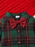 2PCS Christmas Baby Boy's Plaid Long Sleeve Collared Onesie & Suspender Pants, Cute Little Gentleman Two-Piece Outfit, Outdoor Cloth