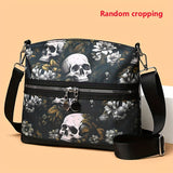 Vibrant Floral Skull Crossbody Bag for Women - Adjustable Strap, Lightweight, Multi-Functional Travel Purse with Polyester Lining, Random Printed Flowers Pattern, Casual Punk Style for Daily Commuter and Work - Zipper Closure, Nylon Material