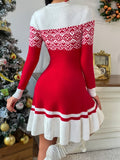 Long Sleeve Mini Dress, Christmas Geo Pattern Flared Slim Knitted Crew Neck Dress for Fall & Winter, Women's Clothing