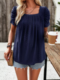 woloong Solid Color Pleated Hollow Short Sleeves Loose Square-Neck T-Shirts Tops