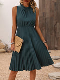 woloong Split-Joint Solid Color Pleated Sleeveless Loose Mock Neck Midi Dresses