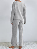 woloong V-Neck Long Sleeves Loose Solid Color Shirt Top + Pants Bottom Pajama Sets
