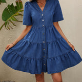 Chic V-Neck Denim Ruffle Dress - Short Sleeve, Tiered Layers & Button Front - Flirty Casual Summer A-Line Midi for Versatile Styling - Perfect for Any Occasion