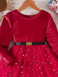 Velvet Princess Dress - Soft, Long Sleeve, A-Line, Festive Red - Perfect for Winter & Fall Parties, Christmas Birthday Gifts for Girls