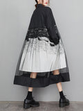 woloong Split-Joint Printed Gauze Buttoned Loose Long Sleeves Lapel Midi Dresses