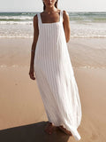 woloong Striped Sleeveless Loose Square-Neck Maxi Dresses