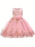 Toddler's Elegant Sequin Mesh Princess Dress, Flower Decor Lace Sleeveless Gowns, Baby Girl's Clothing For Formal Occasion/Birthday Party/Photography/Banquet