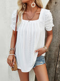woloong Solid Color Pleated Hollow Short Sleeves Loose Square-Neck T-Shirts Tops