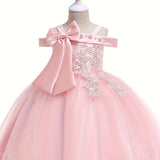 Elegant Girls' Embroidery Cold Shoulder Bow Tutu Dress Kids Clothes Gift Christmas