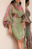 woloong - Green Elegant Solid Patchwork Turtleneck One Step Skirt Dresses