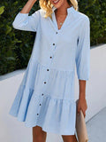 woloong Split-Joint Plaid Buttoned Three-Quarter Sleeves Loose V-Neck Shirt Dress Mini Dresses