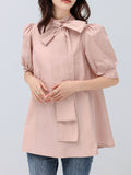 woloong Solid Color Pleated Bowknot Loose Half Sleeves Mock Neck Blouses&Shirts Tops