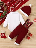 2pcs Infant Boys' Christmas Outfit Set – Long Sleeve Comfy Cotton Onesie + Plaid Suspender Pants + Christmas Hat, Cute Set For Fall/Winter